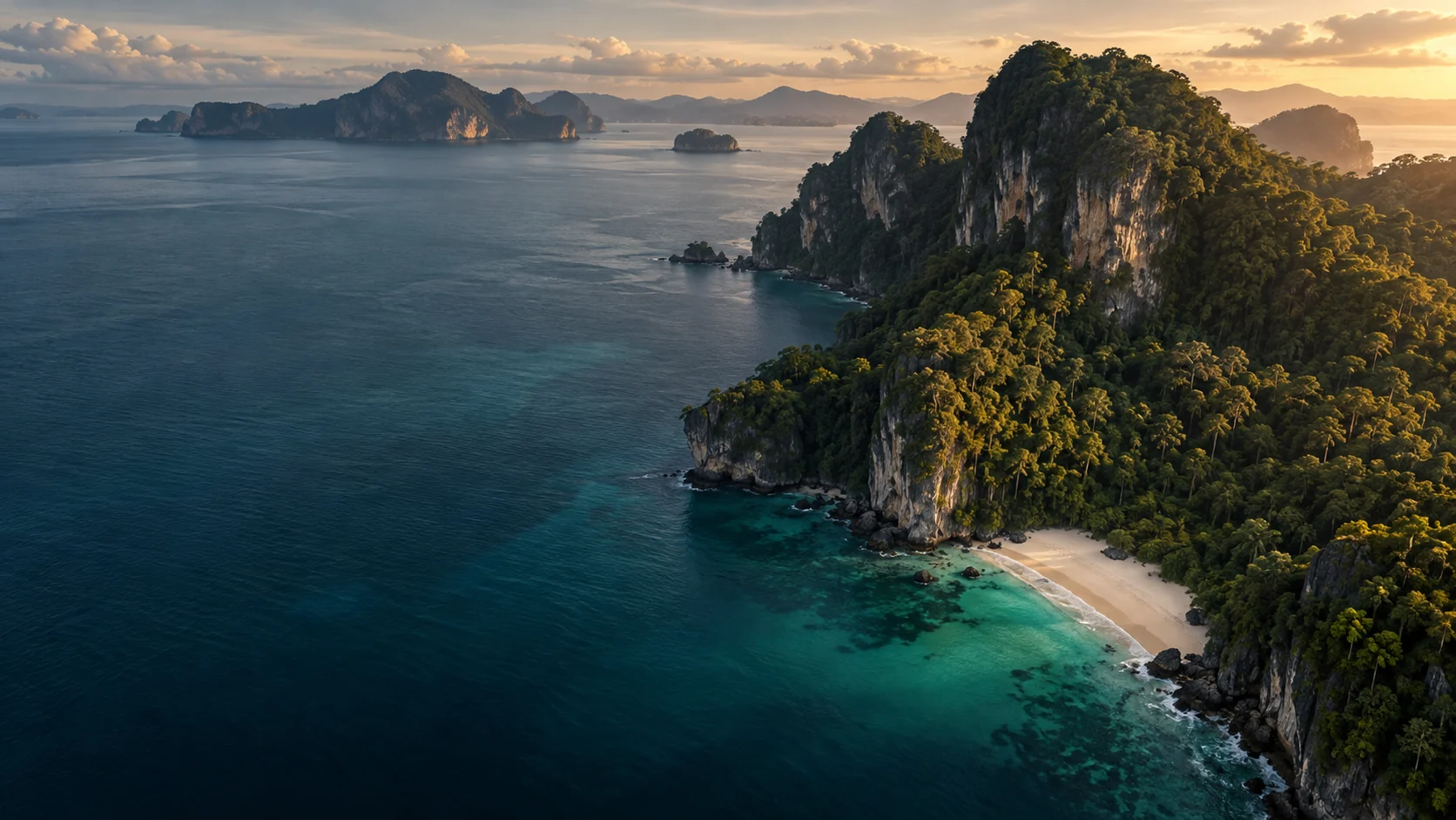 Illustrative aerial view of a tropical limestone headland and teal sea